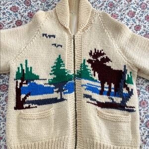 Vintage Knit Cardigan with Moose and Trees